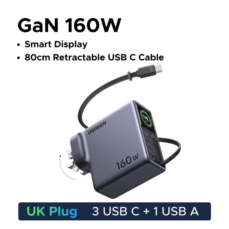 Ładowarka GaN 160W z wysuwanym kablem i wyświetlaczem