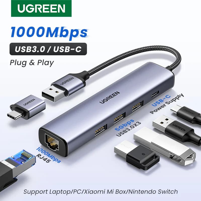 Adapter Ethernet USB-C z RJ45 1000Mbps i hubem USB