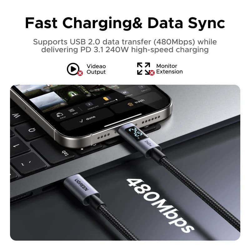 Kabel USB-C 240W z cyfrowym wyświetlaczem mocy
