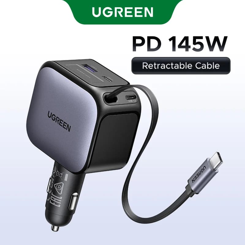 Ładowarka samochodowa 145W z 3 portami USB-C i wysuwanym kablem