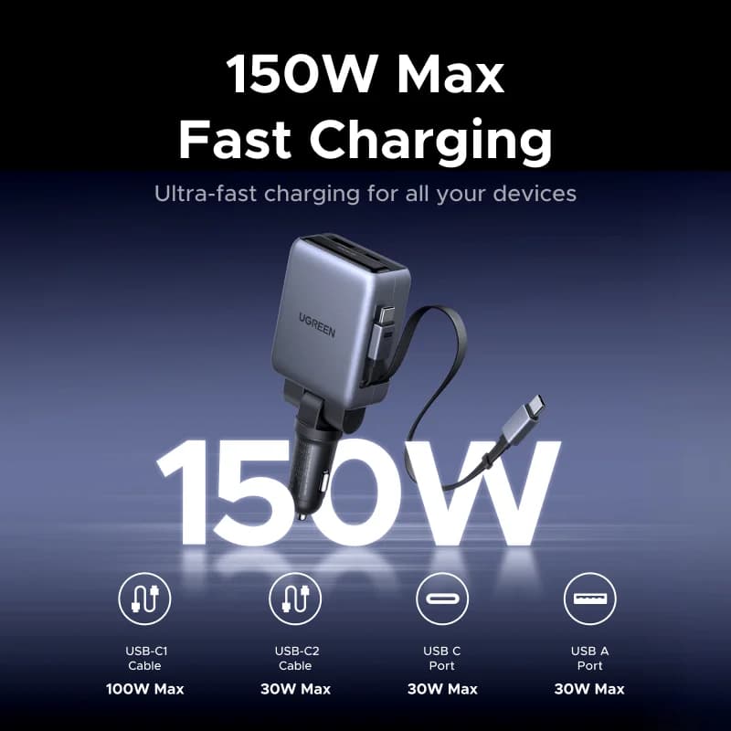 Ładowarka samochodowa 150W z wysuwanymi kablami