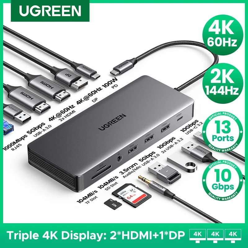 Hub USB-C 13w1, obsługa trzech monitorów, HDMI/DP 4K
