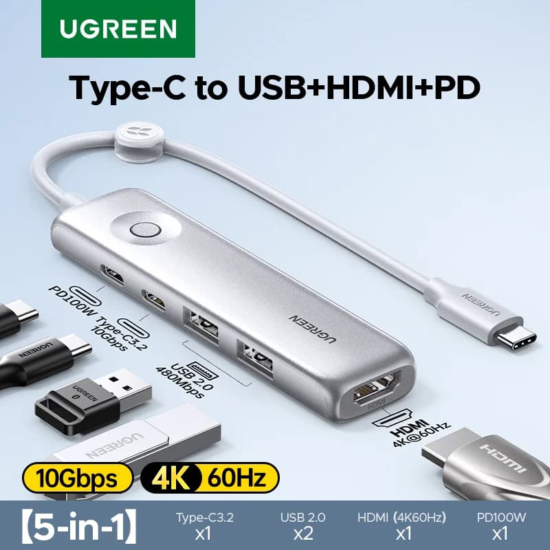 Hub USB-C 5w1, HDMI 4K, 10Gbps, PD100W