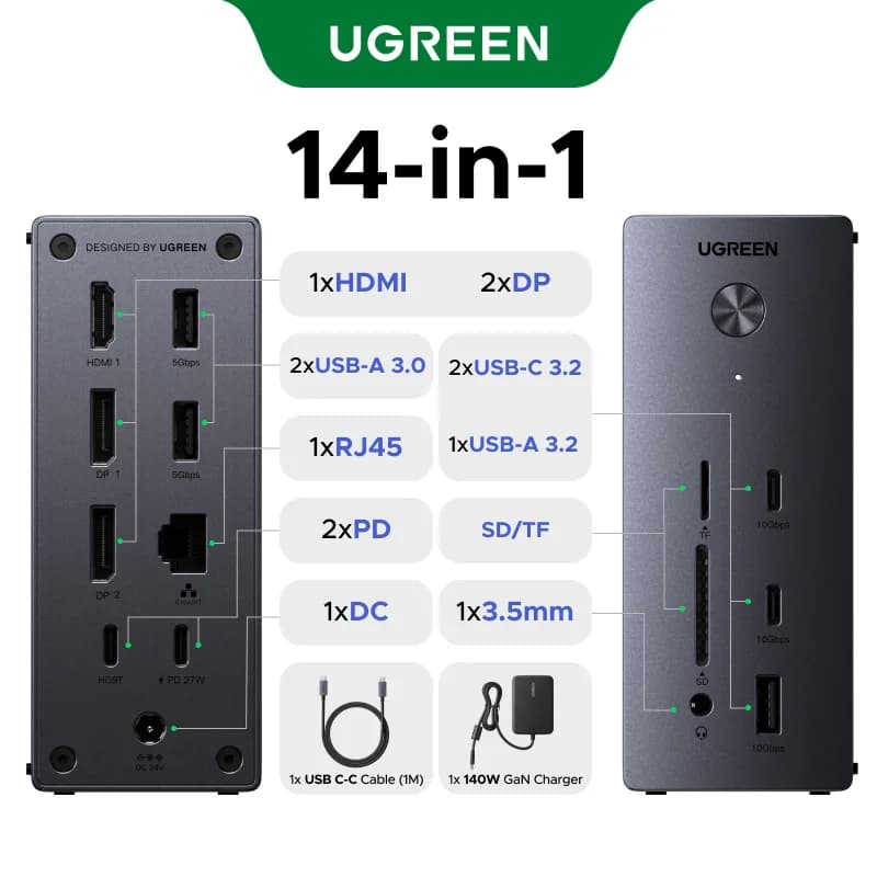 Stacja dokująca USB-C 14w1, trzy ekrany, 10Gbps